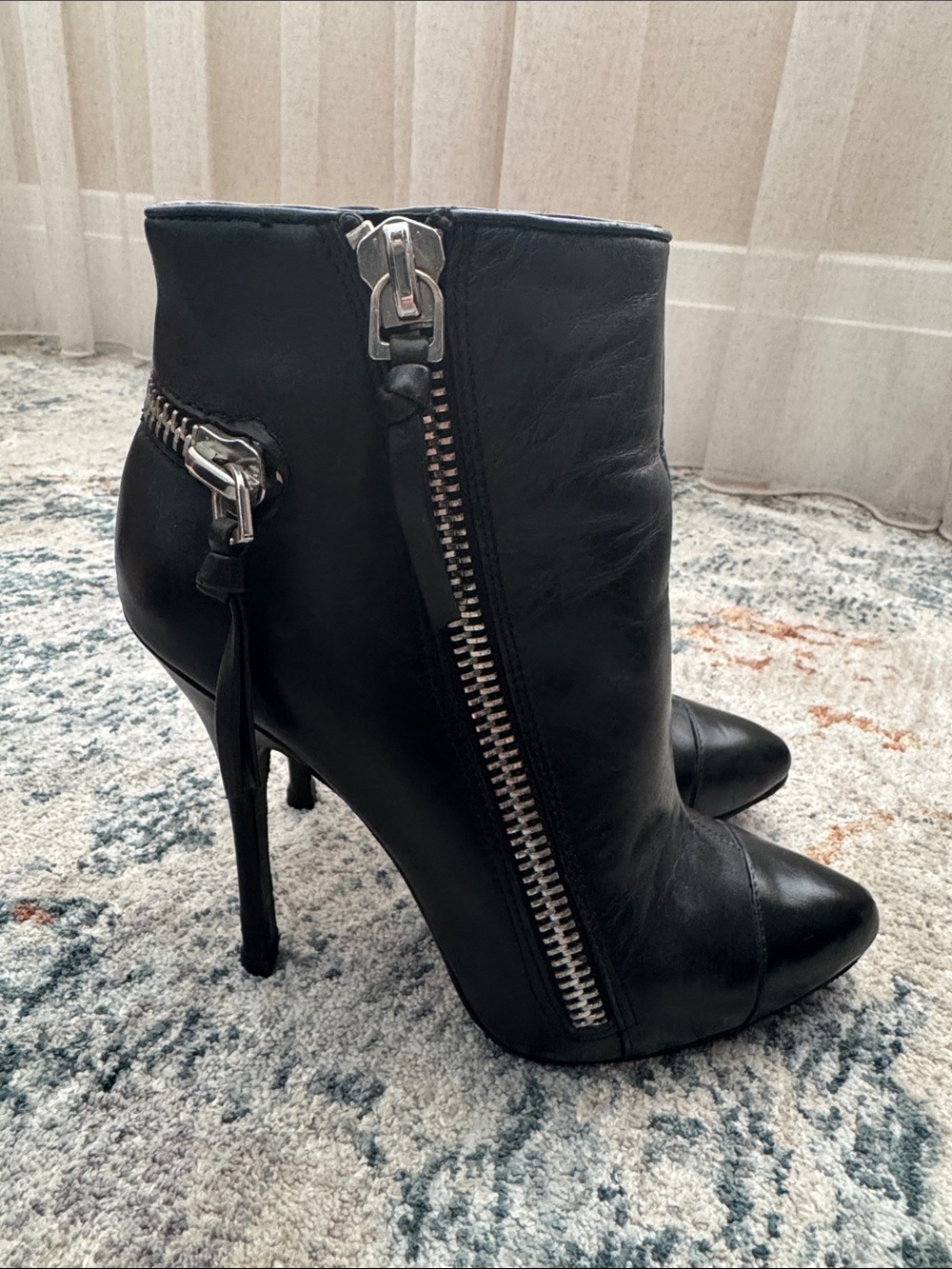 Black Leather Stiletto Ankle Boots with Silver Zipper - Picture 3 of 12